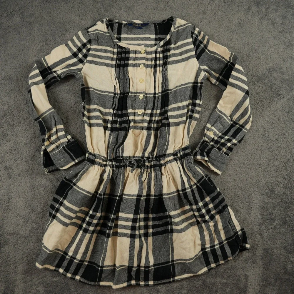 Polo Ralph Lauren Dress Girls 7 Plaid‎ Button Front Long Sleeve Stretch Waist